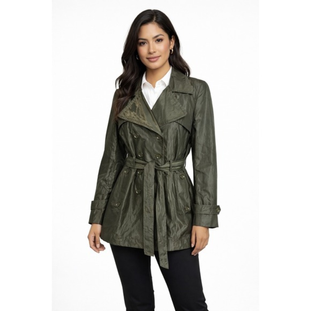 Calvin Klein Olive Green Metallic Belted Trench Coat M Utility Preppy Chic 58-04